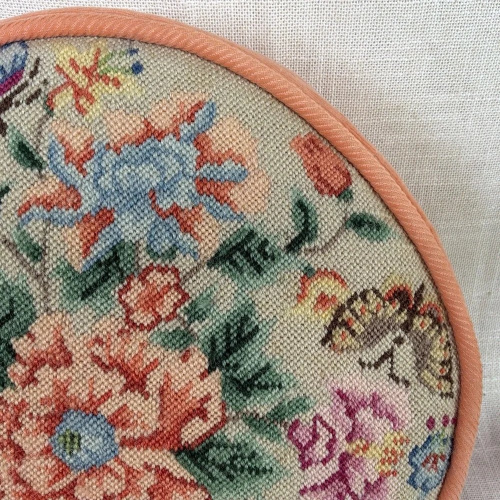 VTG Petite Needlepoint Floral Butterfly Round Throw Pillow 10